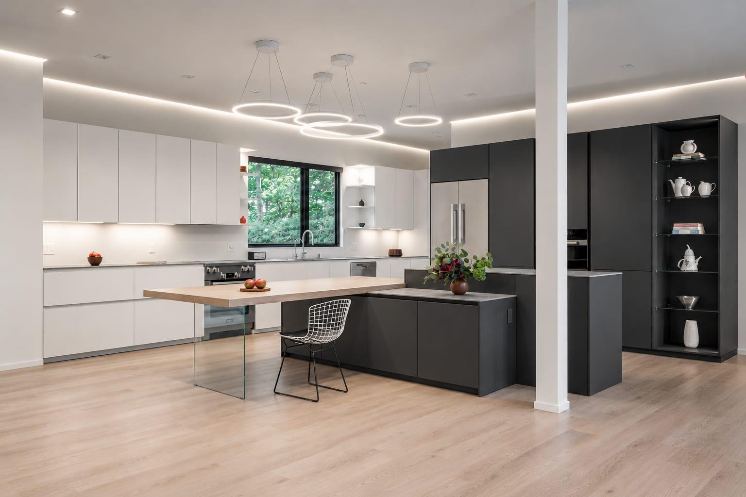 Open kitchen with white and black units and a glass-leg island