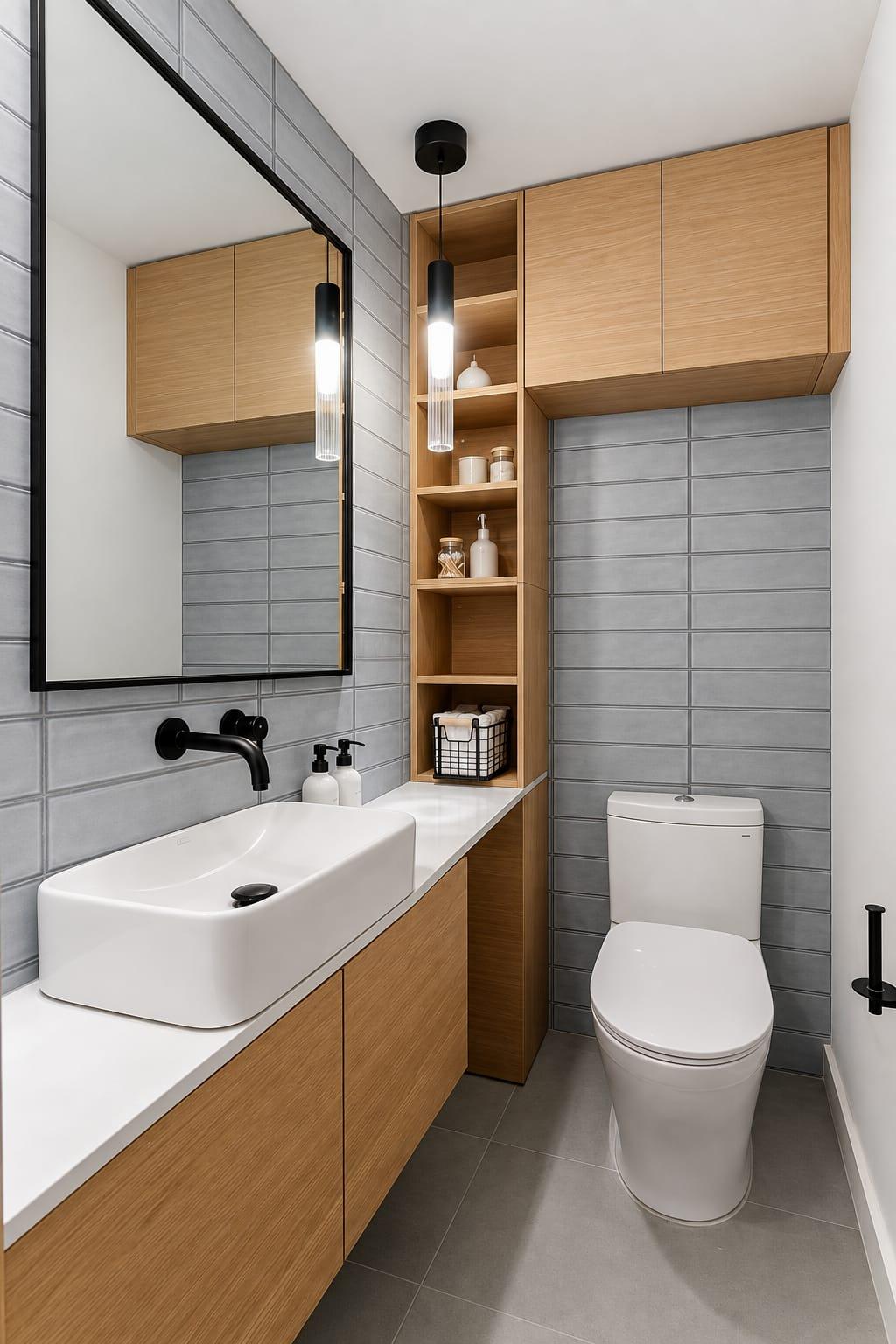 Oak vanity and tall cabinet beside a grey tiled wall