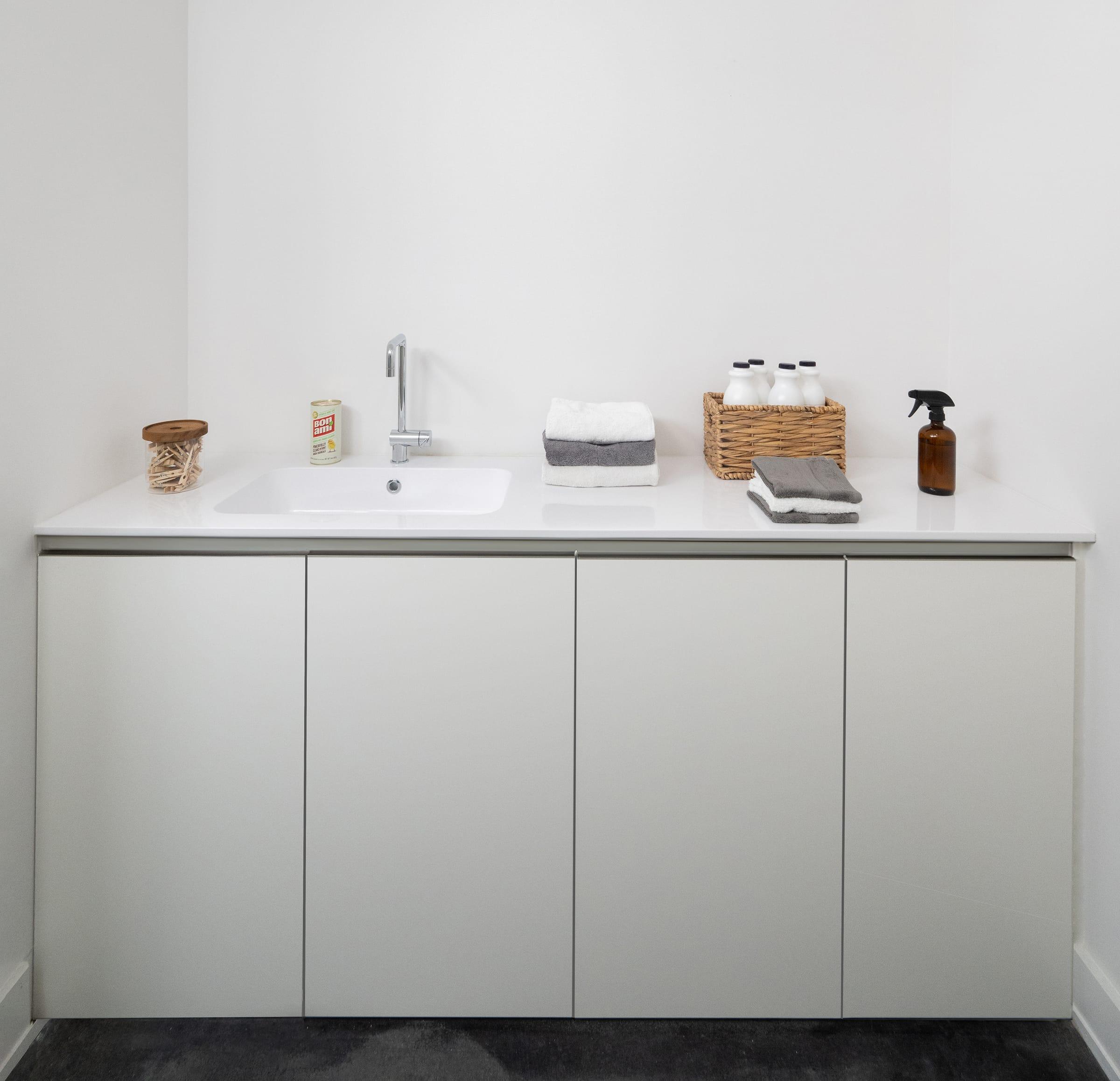 White vanity with a long worktop