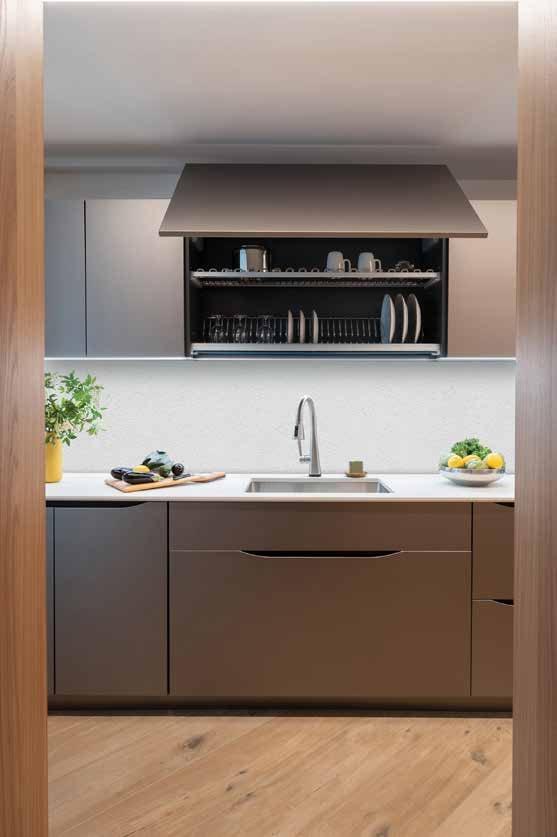 Grey kitchen with an open dish rack under the hood