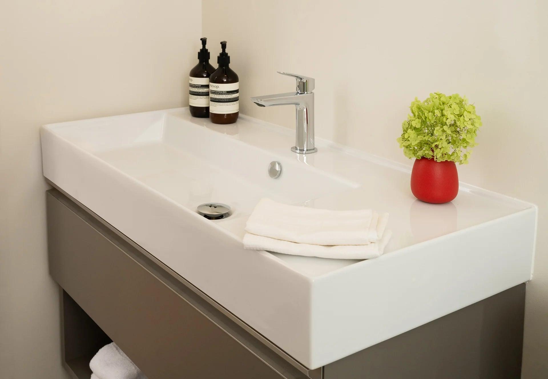 Rectangular basin set into the oak vanity