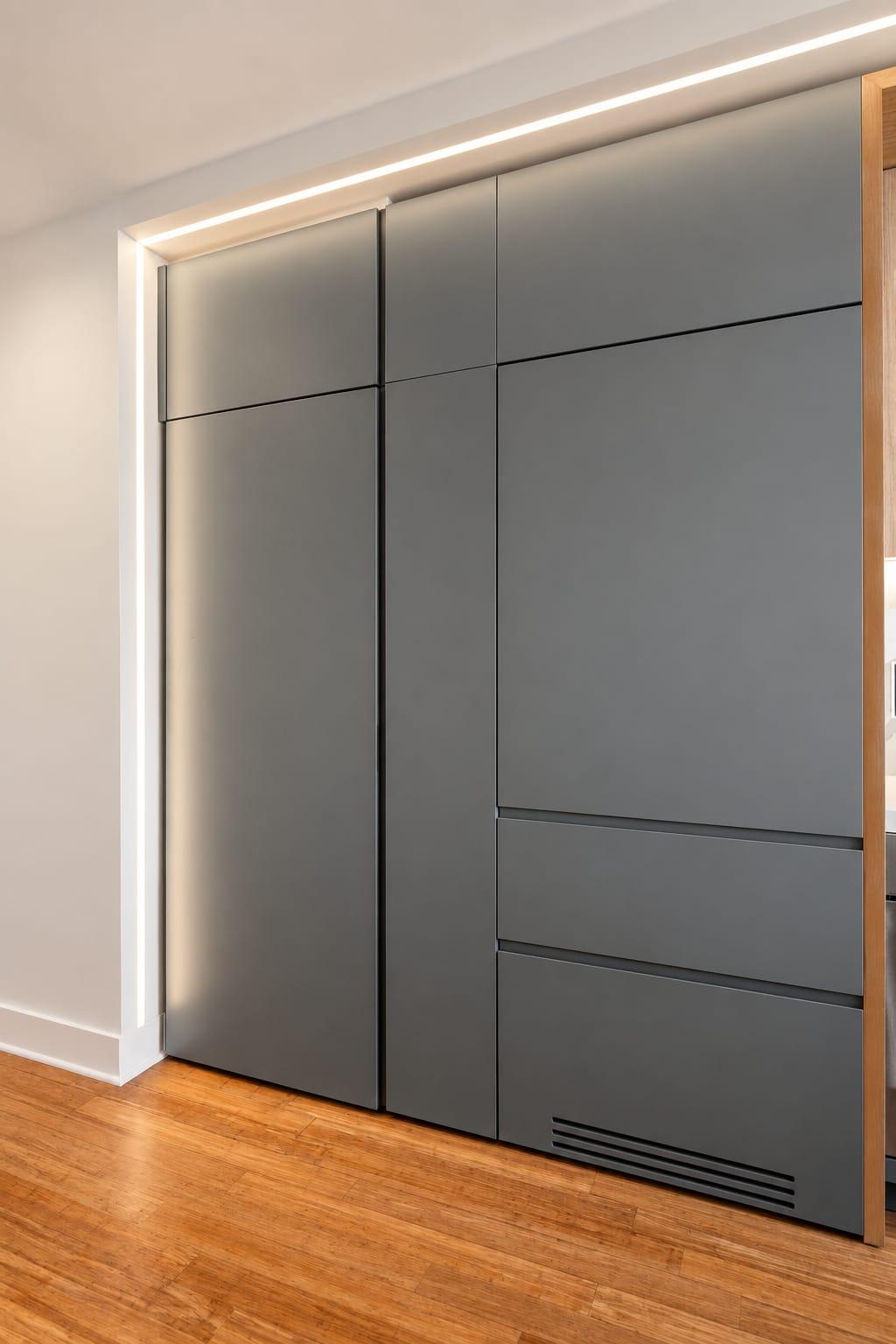 Grey-green tall units with a lit reveal