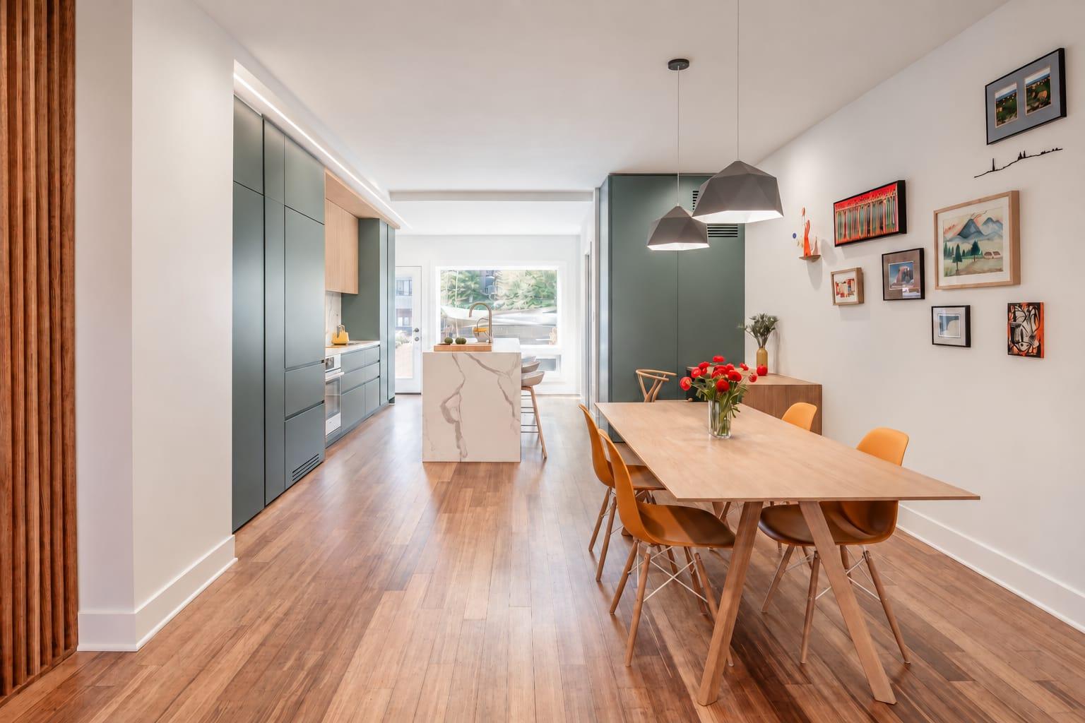 Long room with grey-green units and a dining table