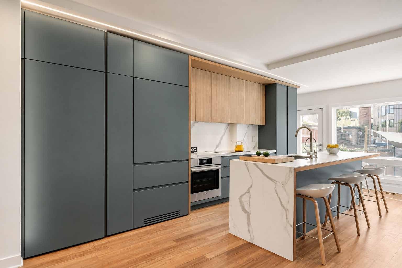 Kitchen with grey-green tall units, a marble island and stools by the window