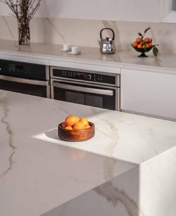Marble worktop corner with a bowl of oranges in front of built-in ovens