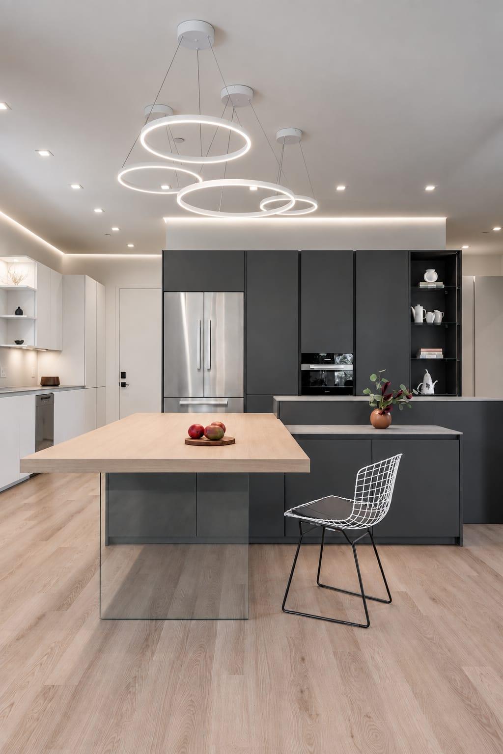 Kitchen with a pale wood island on a glass leg, a wire chair and black tall units