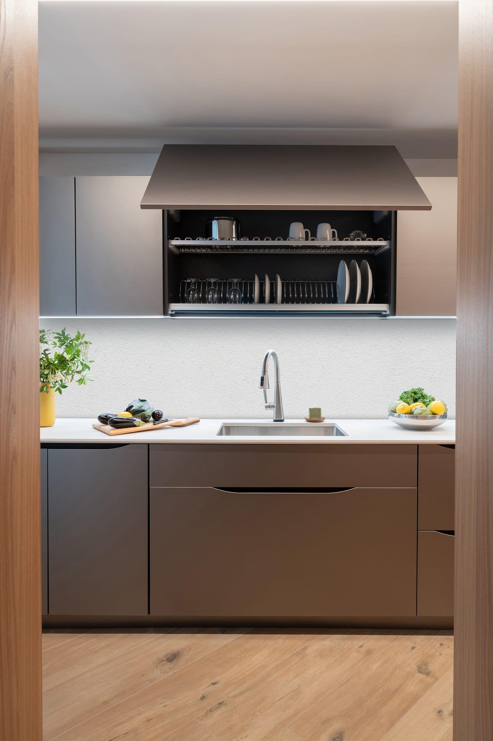 Grey kitchen with an open dish rack under the hood