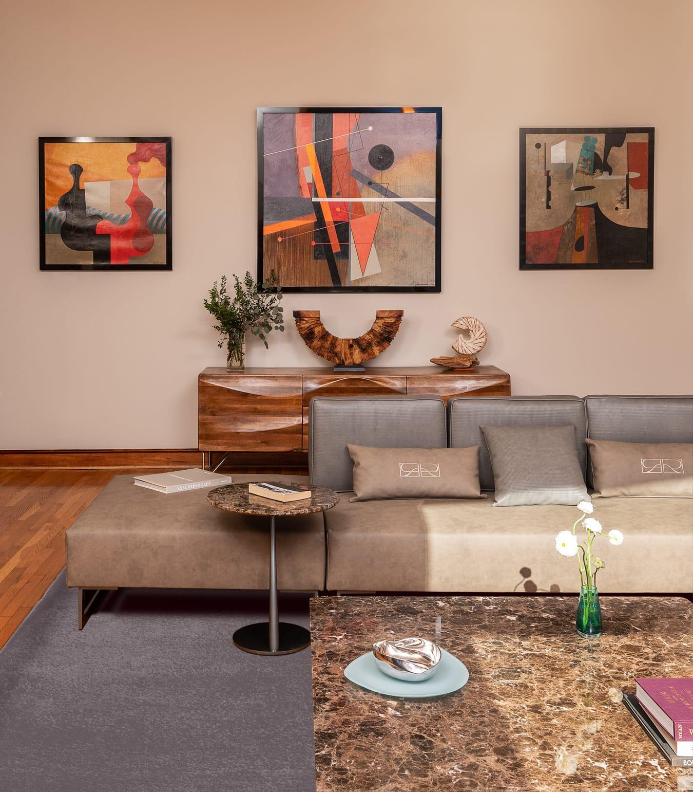 Living room with a walnut sideboard and a marble coffee table