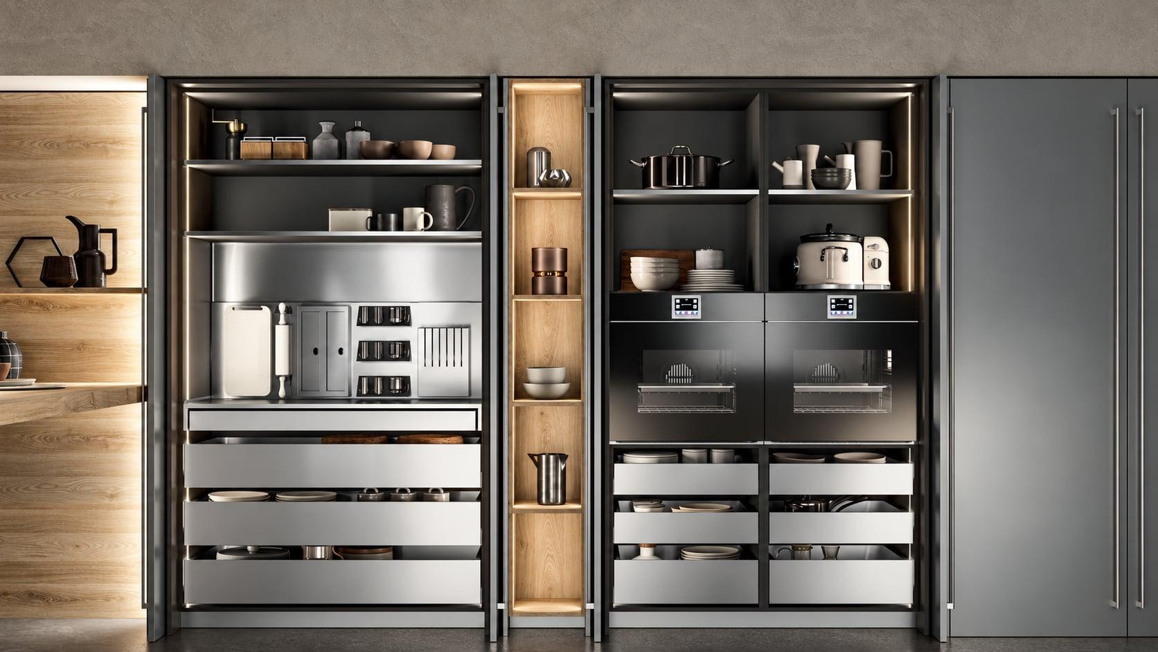 Tall pantry cabinets open onto lit shelves, a built-in coffee machine and steel drawers
