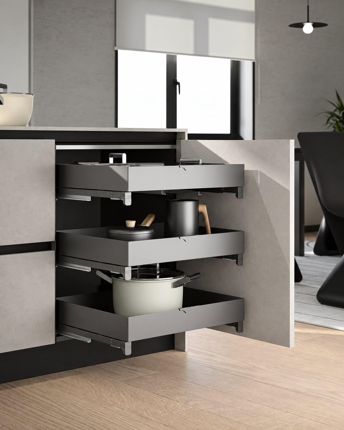 Kitchen base unit open onto three pull-out shelves holding pans