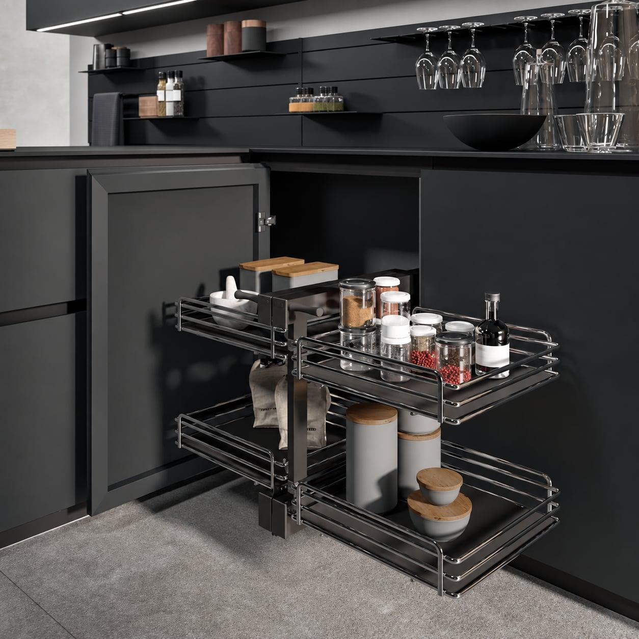 Corner cabinet with swing-out wire baskets of jars, under open shelves with glasses