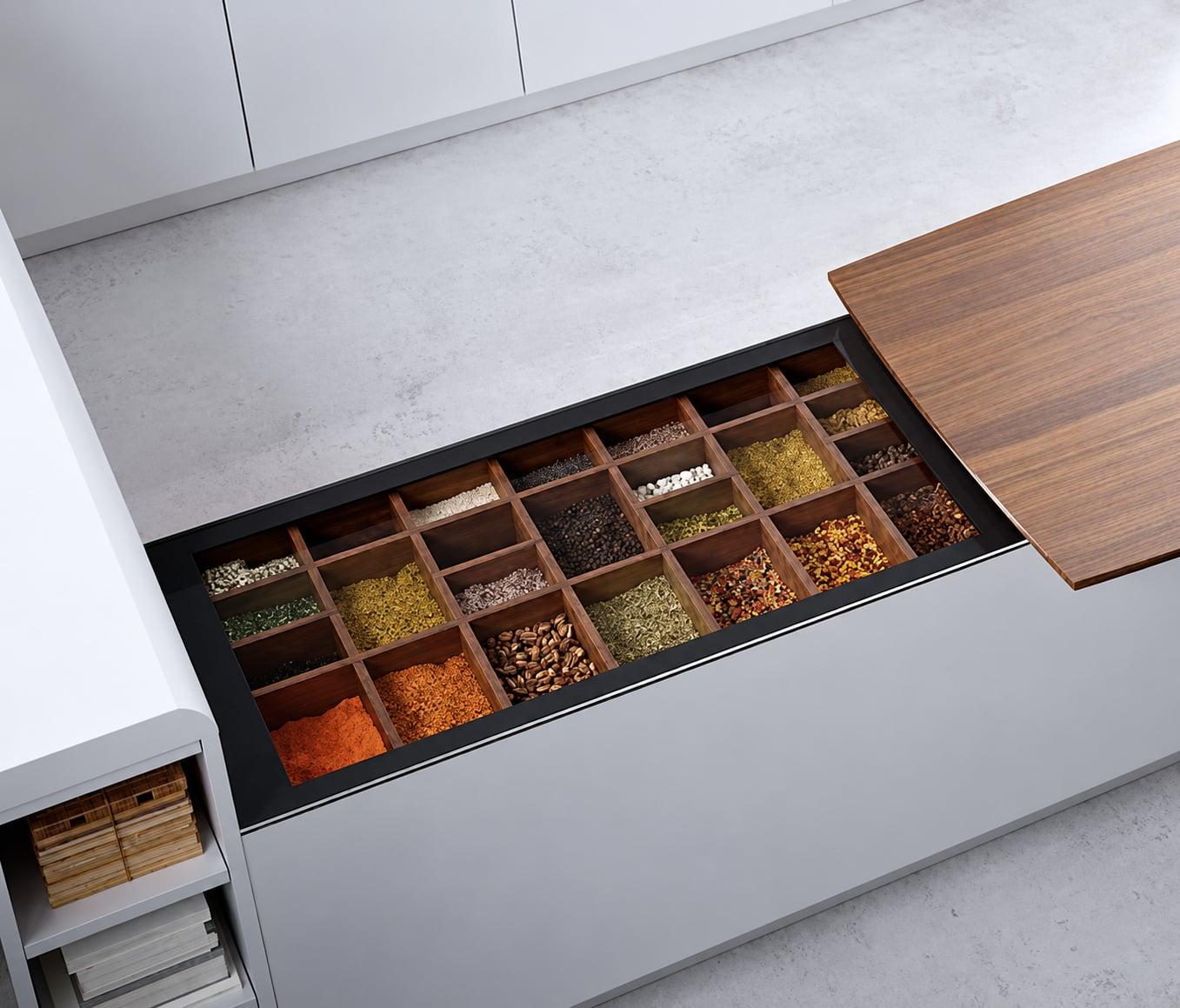Walnut lid slid open on a counter over a tray of spices in compartments