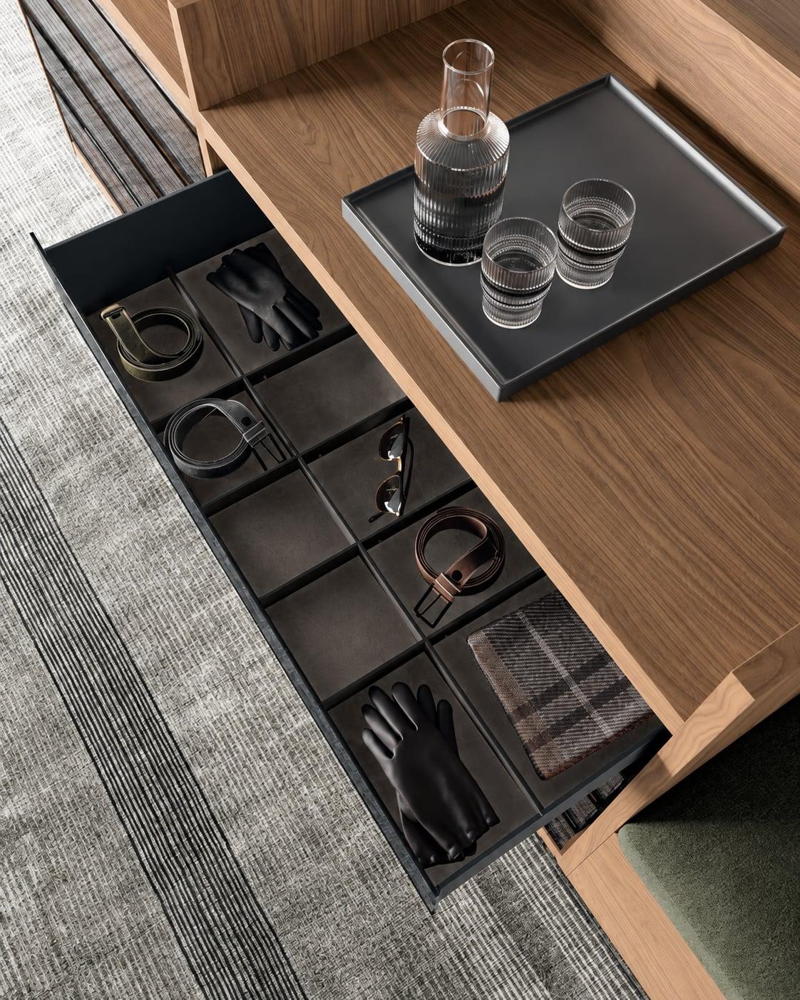 Drawer with a dark insert of compartments for belts and watches, a tray of glasses above