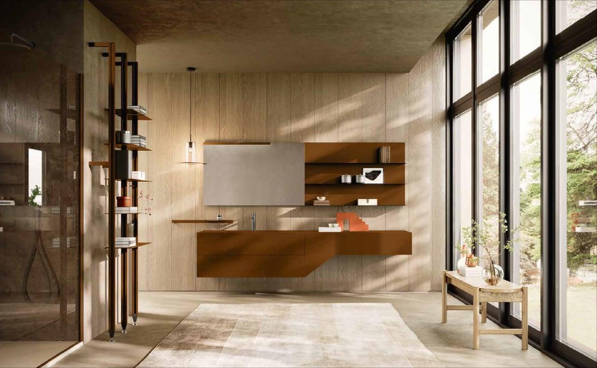 Bathroom in warm wood cladding with a floating vanity and open shelving in front of tall windows