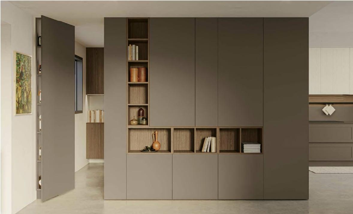 Taupe floor-to-ceiling cabinetry with open wood niches and a door standing open