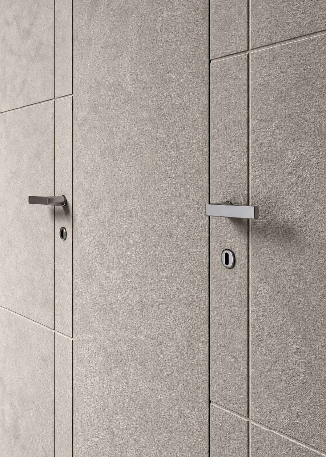 Two stone-effect grey doors with slim chrome handles