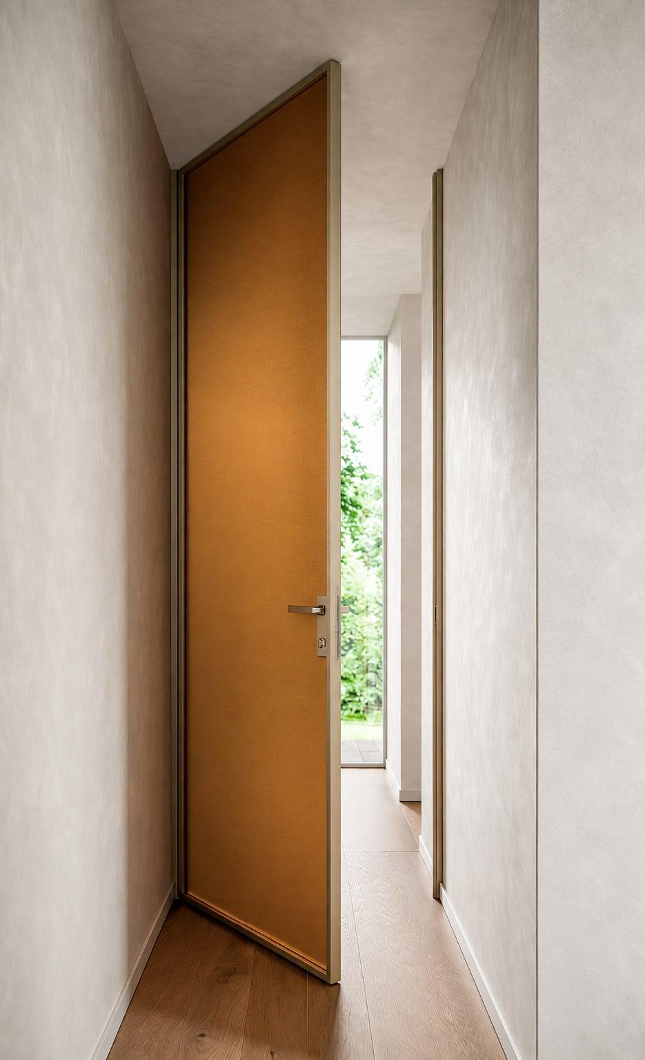 Orange door standing open in a plaster hallway