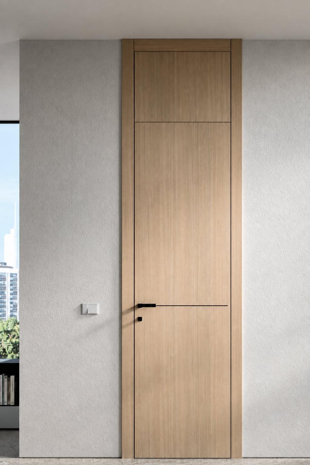 Pale wood door with a black handle, set in a white plaster wall by a window
