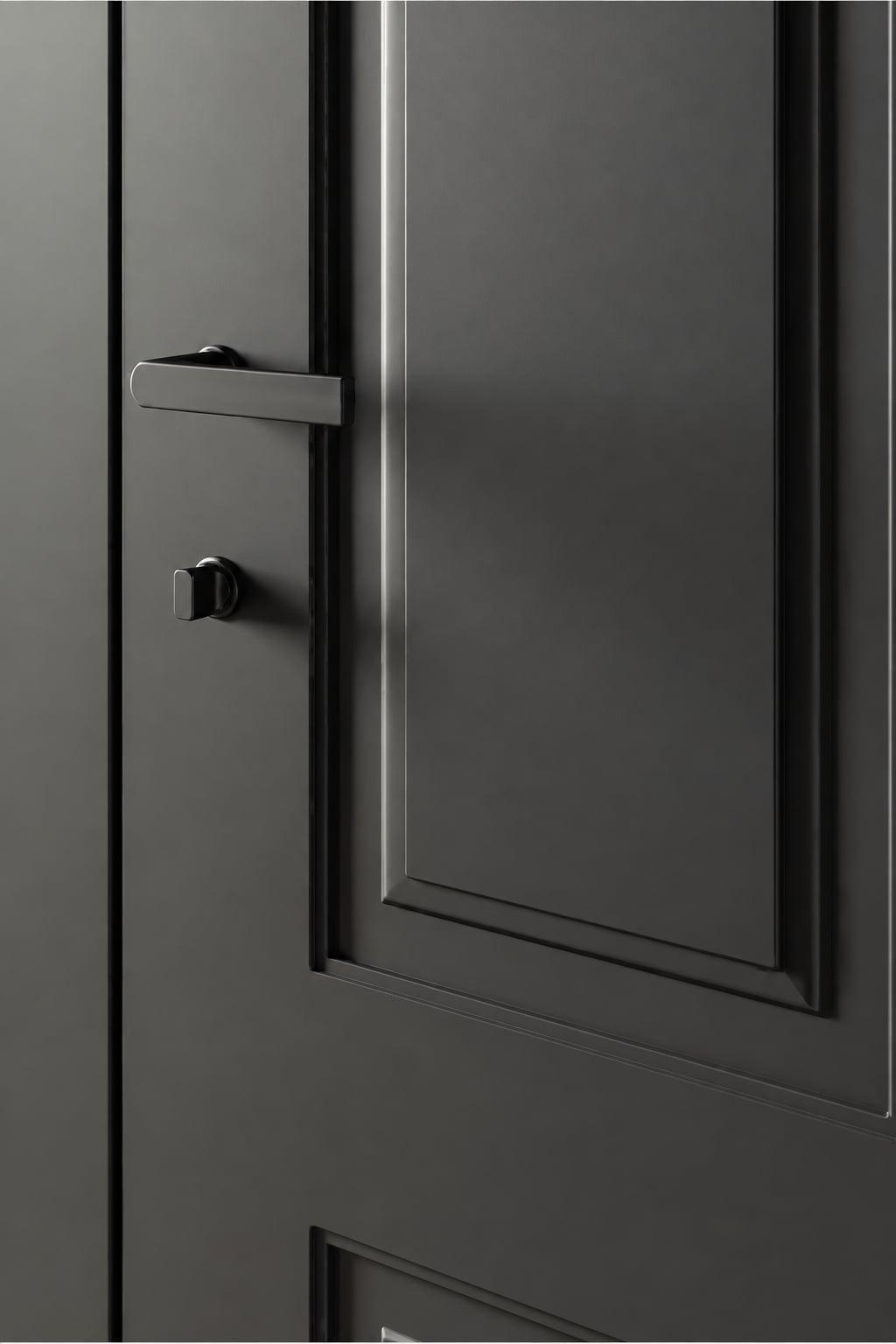 Close-up of a dark panelled door with a black handle