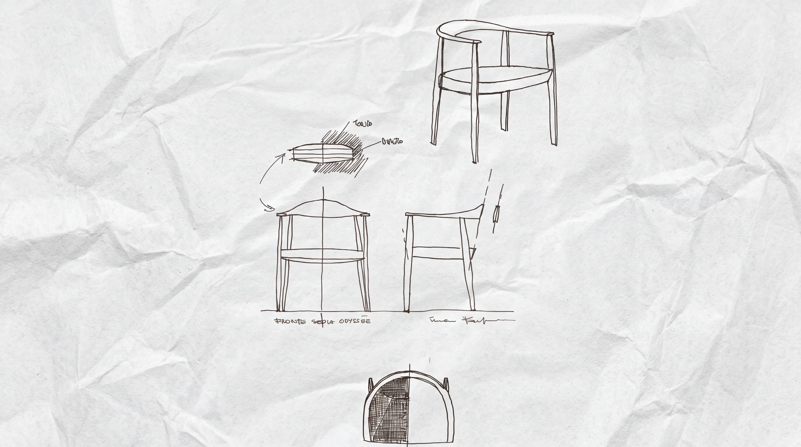 Pencil sketches of stools and chairs on a sheet of crumpled paper